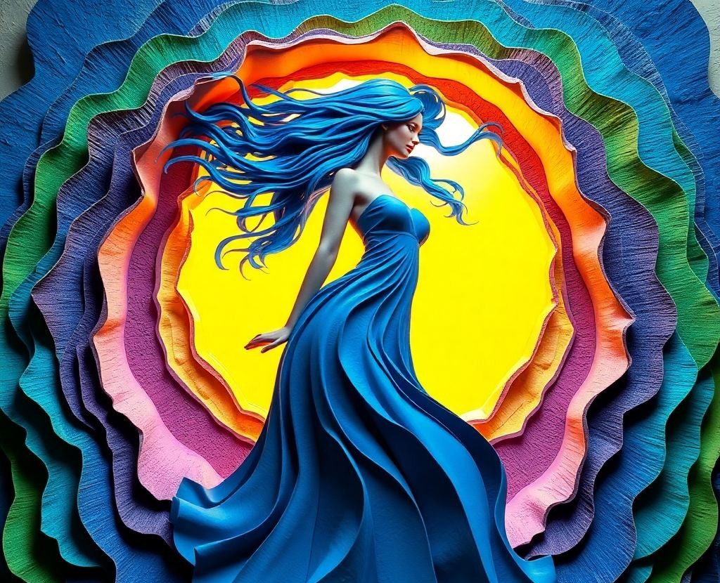 Flowing layers of blue, green and pink artwork